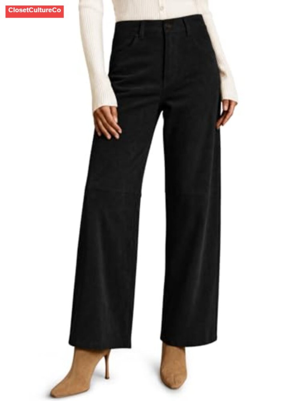 Faux Suede Pants High Waisted Straight Leg Casual Trousers